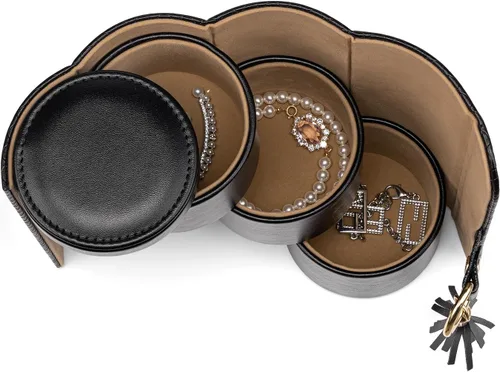 Miniatura 4 de Vlando Organizador de rollos de joyería de viaje, organizador de cuero de 3 secciones de almacenamiento de joyas para collares, aretes, anillos