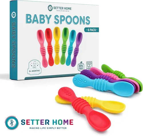 Miniatura 8 de Juego de cucharas de silicona prémium para bebés, cucharas para bebés y niños pequeños, utensilios de destete masticables para bebés de primera