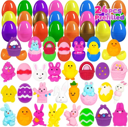 24 huevos de Pascua prellenados con juguetes esponjosos Mochi, huevos de plástico rellenos de Mochi Squishies para los sufrimientos de la cesta de