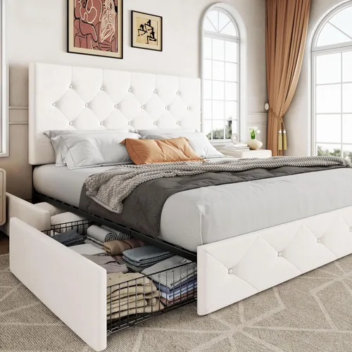 Miniatura 25 de Allewie - Base de cama tapizada de tamaño Full con plataforma, con 4 cajones de almacenamiento y cabecero, diseño cosido en cuadrados con botones