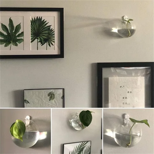 Miniatura 5 de Juego de 3 jarrones de pared de vidrio con forma de cuenco de burbujas, terrario para colgar en la pared, macetas de pared para interiores