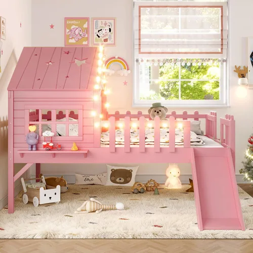 Miniatura 30 de Marco de cama de tamaño matrimonial para niños con escaleras, bonito techo y ventana en forma de estrella para niños y niñas, cama de plataforma