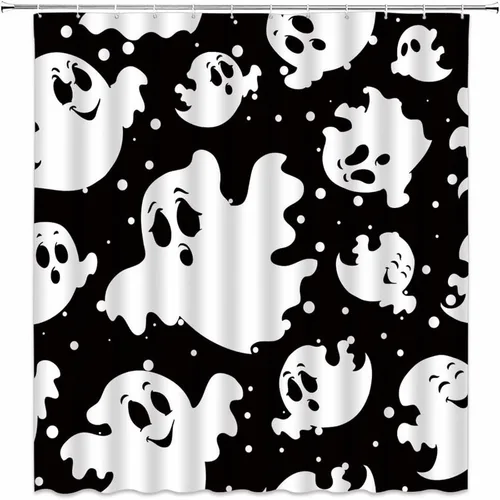Miniatura 4 de AMFD Cortina de ducha espeluznante para Halloween, diseño de murciélagos blancos y negros, diseño de lunares, para niños, a la moda, para el hogar