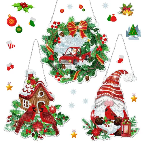 Sintuff Juego de 3 carteles colgantes de pintura de diamantes de Navidad, diseño de pájaros gnomos, arte de diamante, arte de pared para bricolaje,