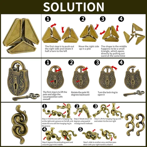 Miniatura 5 de Rompecabezas Mentales - Kit de 3 Rompecabezas de Metal, Juegos de Rompecabezas de Metal Fundido, Juguetes de Desbloqueo, Rompecabezas