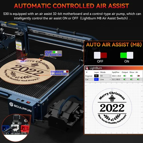 Miniatura 7 de SCULPFUN Grabador láser S30 con bomba de asistencia de aire y boquilla, láser clase 4, potencia láser de salida de 5000 mW, máquina de grabado láser