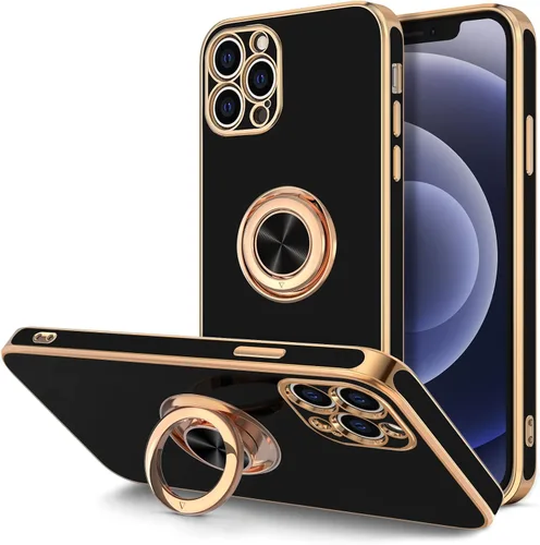 Hython Funda para iPhone 12 Pro Max con Soporte de Anillo [Soporte Magnético Giratório de 360°] [Forro de Microfibra Suave] Borde Chapado en Oro
