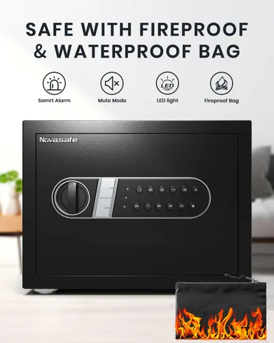 Miniatura 7 de Caja de seguridad, cajas de seguridad para el hogar con llave y bolsa ignífuga e impermeable, caja de seguridad pequeña de 0.8 pies cúbicos