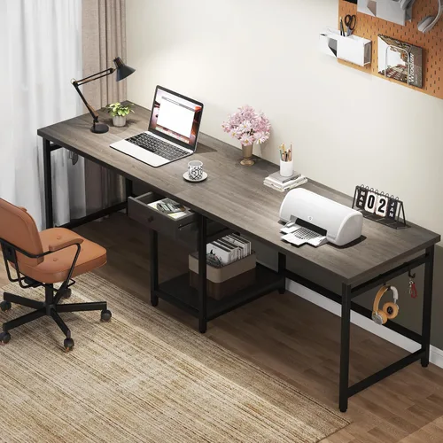 Tribesigns Escritorio extra largo de 79 pulgadas, escritorio para dos personas con 2 cajones, mesa doble para computadora con estantes de