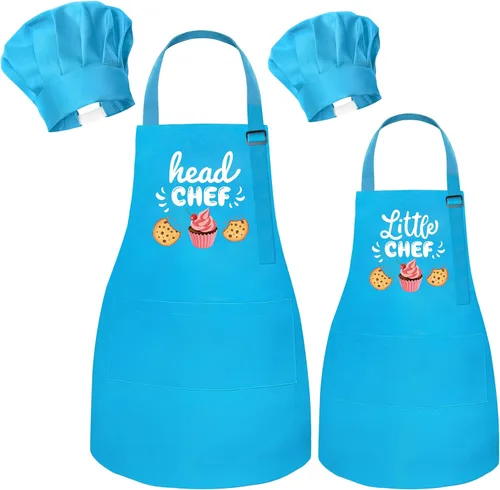 Miniatura 8 de R HORSE Juego de delantal y gorro de chef para adultos y niños - 4 piezas, delantal y gorro de cocina ajustables para padres e hijos, juguete