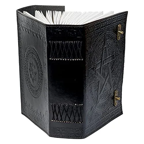 Miniatura 3 de QualityArt 10" Fat Leather Journal Large 600 Pages Black Pentacle Grimoire Book of Shadow Leather Notebook Journal Blank Handmade Book Sketchbook