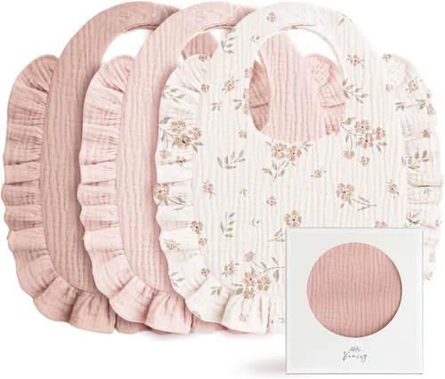 Konssy Baberos de Muselina para Bebé para Niñas – Baberos Suaves de 100% Algodón para Babear, Ribete de Volantes para Recién Nacidos y Niños Rosa