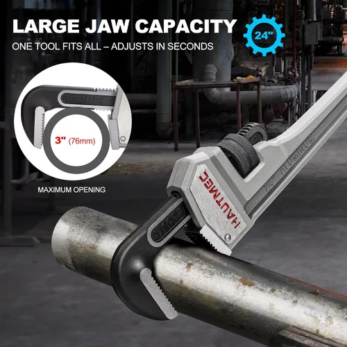 Miniatura 5 de HAUTMEC Llave de tubo recta de aluminio resistente de 24 pulgadas, llave de fontanería ajustable, capacidad de mandíbula de 3 pulgadas