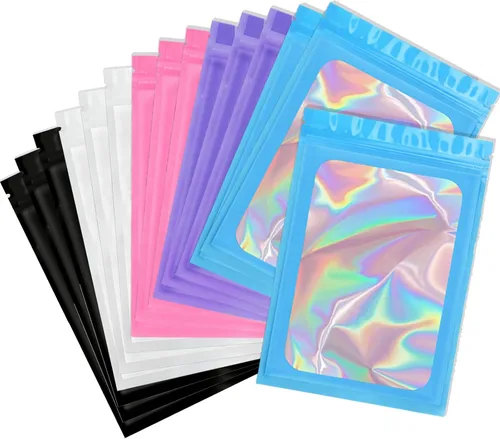 Miniatura 16 de Bolsas holográficas Mylar de 4 x 6 pulgadas, 100 bolsas pequeñas transparentes resellables a prueba de olores, bolsa de embalaje de plástico para 5