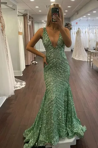 Miniatura 3 de Vestido de fiesta de sirena con lentejuelas brillantes, cuello en V profundo, espalda descubierta, vestidos de fiesta formales con tren