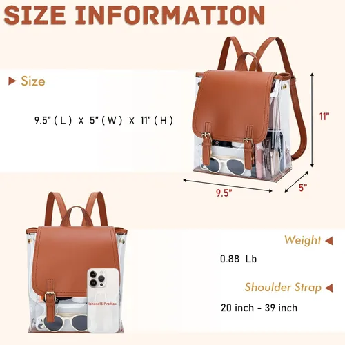 Miniatura 4 de KKXIU Mochila transparente de moda, aprobada para estadios, bolsa escolar transparente para mujeres y adolescentes, Marrón, Mochilas Daypack