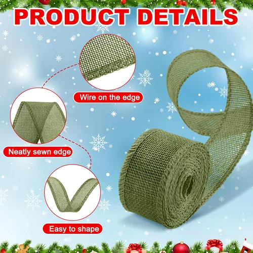 Miniatura 5 de WILLBOND 8 rollos de 44 yardas de cintas navideñas con borde de alambre, rollos de arpillera con alambre de tela navideña, cinta de tejido