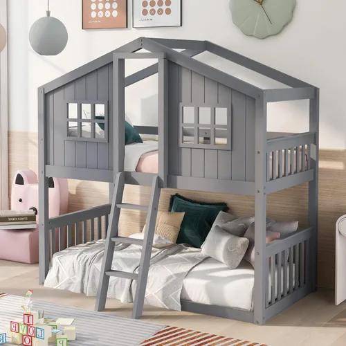 Miniatura 28 de JIVOIT Litera de madera con diseño de techo y ventanas, litera individual sobre individual con nido y escalera integrada para niños, adolescentes