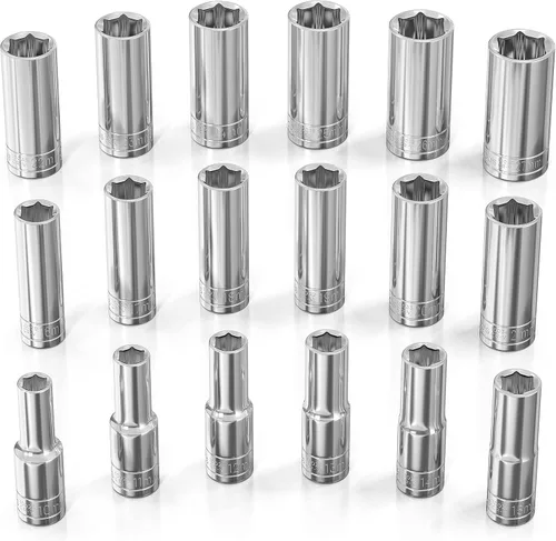Miniatura 11 de Olsa Tools Juego de llaves profundas SAE - 1/4 pulgadas, 13 piezas - 6 puntas cromadas de 1/8" a 5/8" y tamaños sin saltos - Juego de llaves de vaso