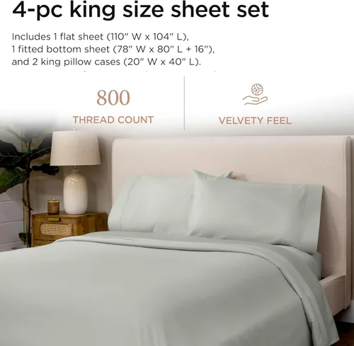 Miniatura 2 de Threadmill Sábanas de lujo de 800 hilos tamaño King 100% algodón – Sábanas de cama de tejido satén gris claro, mejor que el algodón egipcio, juego