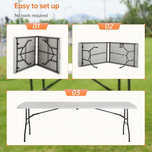 Miniatura 8 de Mesa plegable, mesa de camping de plástico de 8 pies, mesa de fiesta portátil con asa de transporte para fiestas, bodas, barbacoa, camping, comedor