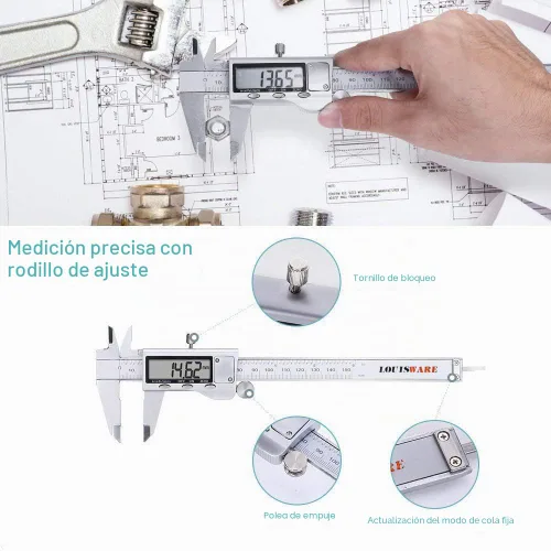 Miniatura 5 de Herramienta de medición de calibrador digital, micrómetro digital de calibre Vernier de acero inoxidable con pantalla LCD grande, herramienta