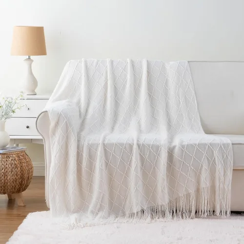 Miniatura 5 de BATTILO HOME Manta crema para sofá, cobija decorativa de estilo bohemio para dormitorio, manta blanca decorativa para sofá, sala de estar, 50 x 60