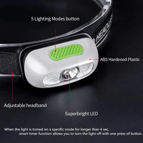 Miniatura 4 de Linterna frontal recargable, ultra brillante de 500 lúmenes, 5 modos de iluminación con luz roja, IPX4, impermeable, correa ajustable, linterna