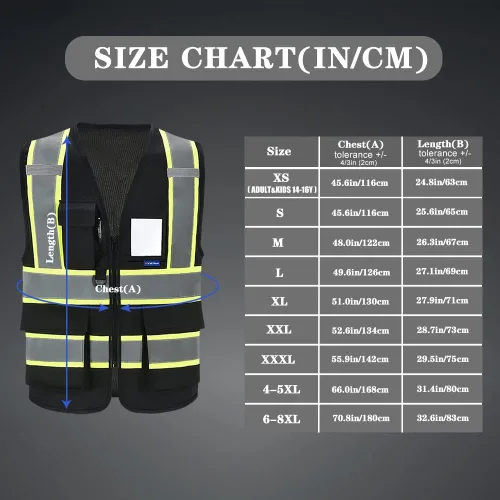 Miniatura 4 de AYKRM 11 color alta visibilidad reflectante chaleco de seguridad para mujeres hombres bolsillo cremallera ANSI/ISEA estándar Negro
