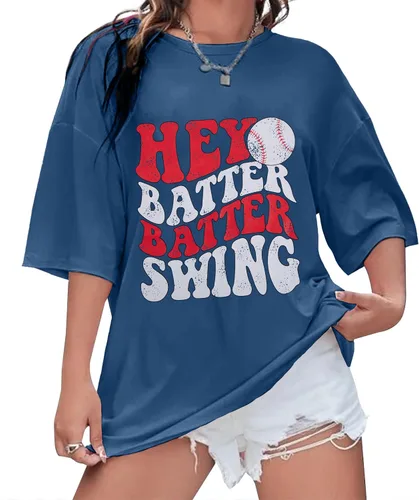 Miniatura 3 de Camiseta de béisbol para mujer, camisetas de béisbol de gran tamaño Hey Batter Batter Swing Graphic Tee Ballpark Gift Tops de manga corta