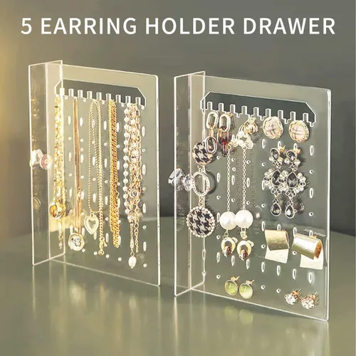 Miniatura 6 de Jenseits Acrylic Jewelry Holder, Clear Earring Organizer with 3 Drawers, Velvet Hanging Jewelry Stand Storage for Necklace Earrings Ring Bracelet