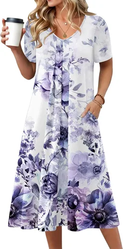 Miniatura 17 de Zeagoo Vestido de verano para mujer, casual, floral, midi, con bolsillos, cuello en V, plisado, manga corta, estilo alineado, para vacaciones