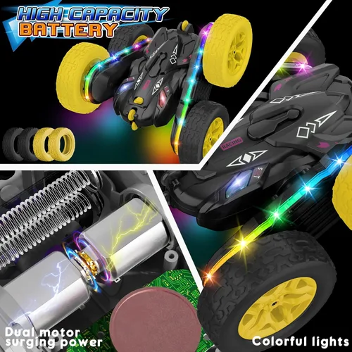 Miniatura 8 de Jimdella Auto de control remoto, autos RC con tira de luz lateral y faros, auto de acrobacias RC giratorio de doble cara de 360°, juguetes todo LED