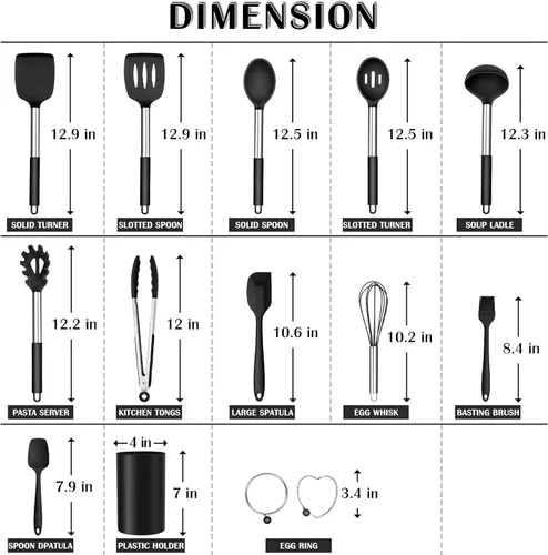 Miniatura 2 de E-far Juego de utensilios de cocina de silicona, juego de utensilios de cocina negros de 14 piezas con soporte, espátulas de herramientas de cocina
