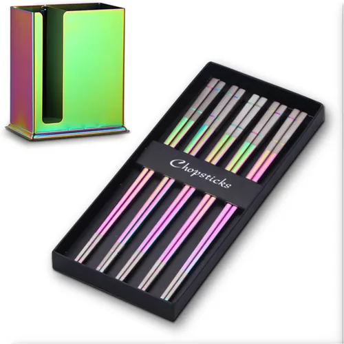 Miniatura 12 de DOCBLACK Palillos de acero inoxidable con soporte para palillos, estante de secado de utensilios, 5 pares de palillos reutilizables aptos