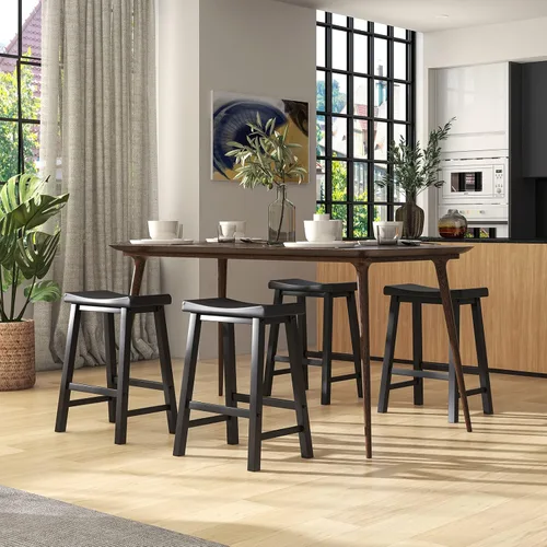 Miniatura 9 de COSTWAY Juego de 2 taburetes de silla de montar de 24 pulgadas de altura de mostrador con patas de madera maciza y reposapiés, taburetes modernos