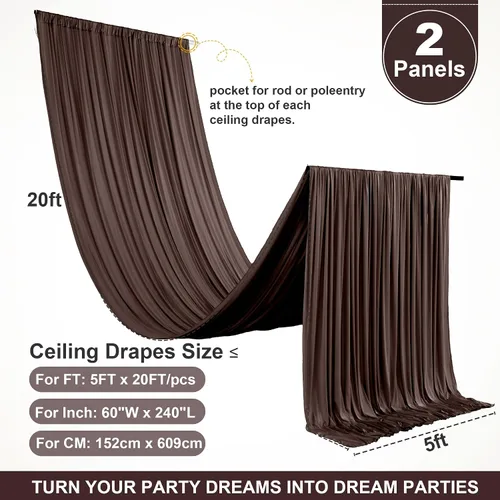 Miniatura 6 de 2 paneles de 5 pies de ancho x 20 pies de alto, cortinas de techo marrones para fiestas de boda – 20 pies extra largas de poliéster grueso sin