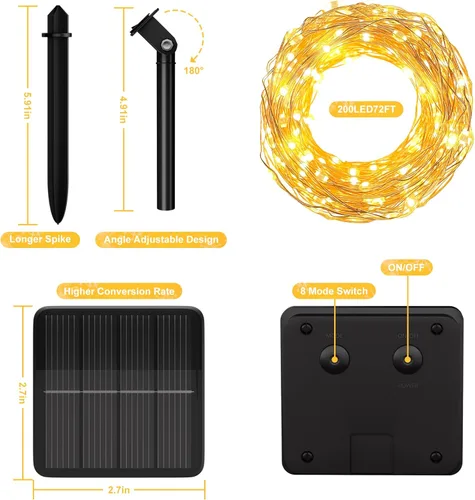 Miniatura 6 de Selarlyt Guirnalda de 200 luces LED solares de 72 pies para exteriores, luces de hadas solares para exteriores, impermeables, con 8 modos, luz