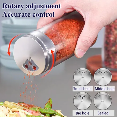 Miniatura 7 de Juego de 4 saleros y pimenteros, salero y pimentero con agujeros de vertido ajustables, recipiente de pimienta y sal con tapa de acero inoxidable