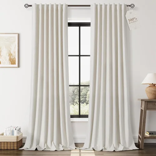 Miniatura 19 de Cortinas de lino 100% opacas para dormitorio, 102 pulgadas de largo, con pestaña trasera, bolsillo para barra, paneles acústicos con aislamiento
