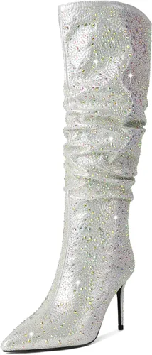 Miniatura 4 de Zamikoo Slouchy High Heel Boots for Women, Knee High Stiletto Heel Boots, Pointed Toe Slouch Stretch Tall Boots Pull On 3.5 Inches