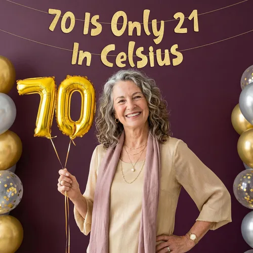 Miniatura 2 de Cartel de 70 con purpurina dorada de 158.0 °F con la leyenda "70 is Only 21" Celsius – Decoraciones de cumpleaños 70 y aniversario para hombres