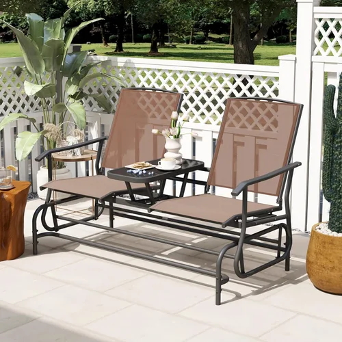 Miniatura 4 de Tangkula Silla mecedora para 2 personas, sofá biplaza mecedora para patio con mesa central de vidrio templado, banco de columpio para exteriores