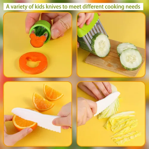 Miniatura 4 de Juego de cuchillos para niños, juego de cuchillos seguros para niños pequeños, cuchillos seguros para cocina real, bordes dentados, utensilios