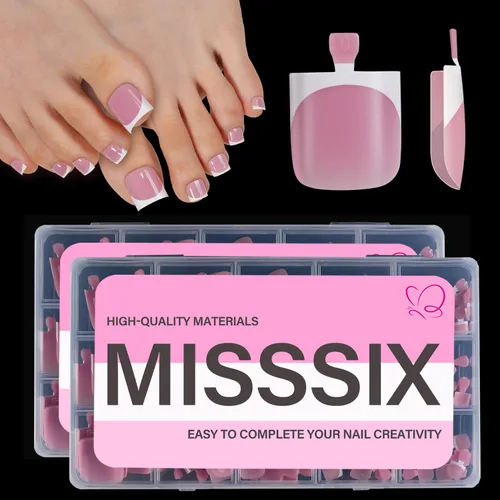 Miniatura 15 de Misssix Puntas de uñas de gel francesas negras, 240 piezas de puntas francesas de uñas postizas largas cuadradas, no es necesario limar, puntas 3