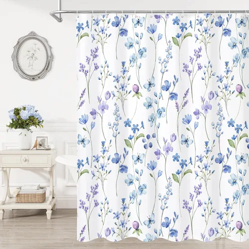 Litabel Cortina de ducha con diseño floral de acuarela, cortina de ducha de flores de mariposa azul para baño, juego de cortina de ducha moderna