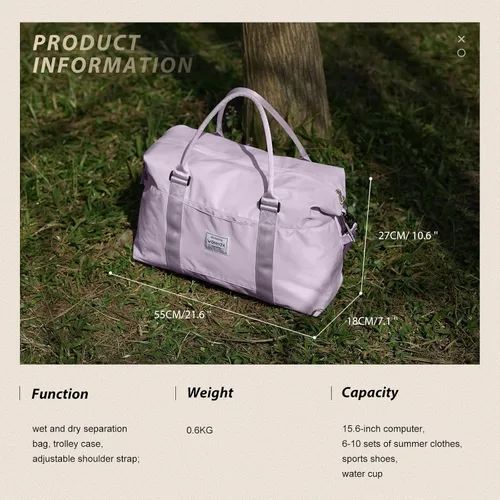 Miniatura 5 de Bolsa de gimnasio para mujer con compartimento para zapatos, bolsa de lona de viaje, bolsa de deporte para gimnasio, F5-Púrpura Claro, Bolsa de viaje