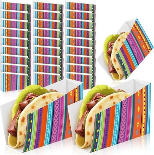 50 piezas de Taco Nights Mexican Cinco De Mayo Party Taco Holder Mexican Nacho Popcorn Bandejas sin ensamblar Snack Soporte de papel desechable