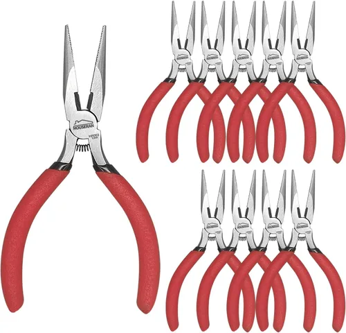Miniatura 9 de Alicates de punta de aguja, 5 pulgadas, paquete de 5, alicates de punta larga con cortador lateral, con resorte para cortar y doblar alambre Rojo