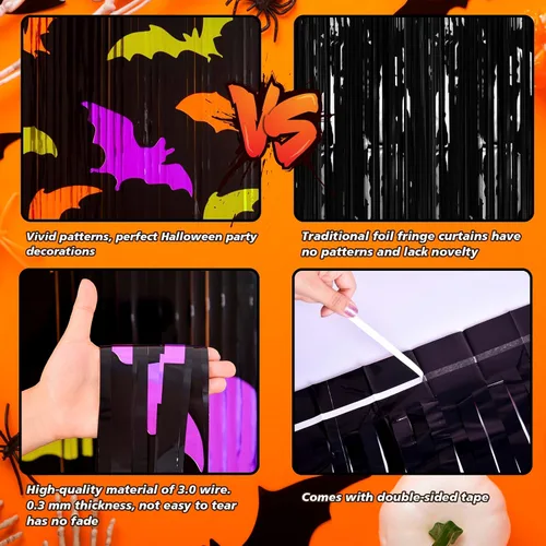 Miniatura 3 de Mega-L - Decoraciones de fiesta de Halloween, paquete de 2 unidades, verde, naranja, morado, patrón de murciélago, accesorios para cabina de fotos